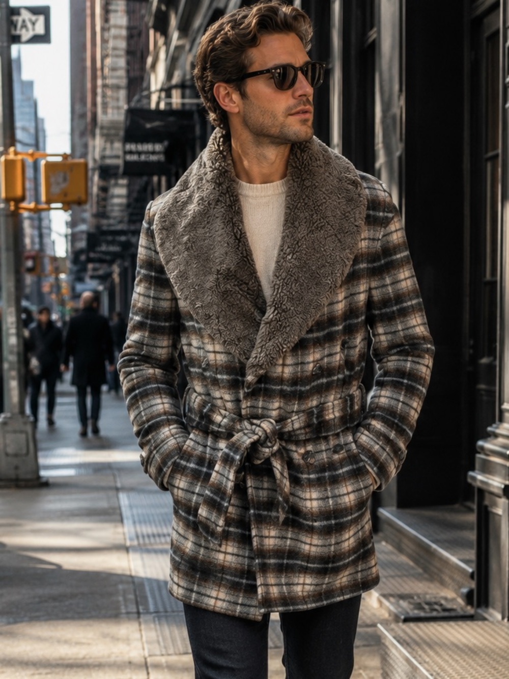 VINTAGE DKNY Men's Wool Plaid Architectural Shearling Collar Peacoat, S